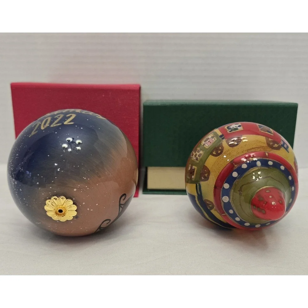 Lot/2 Pier 1 Li Bien Reverse Hand-Painted Glass Christmas Ornaments with Boxes